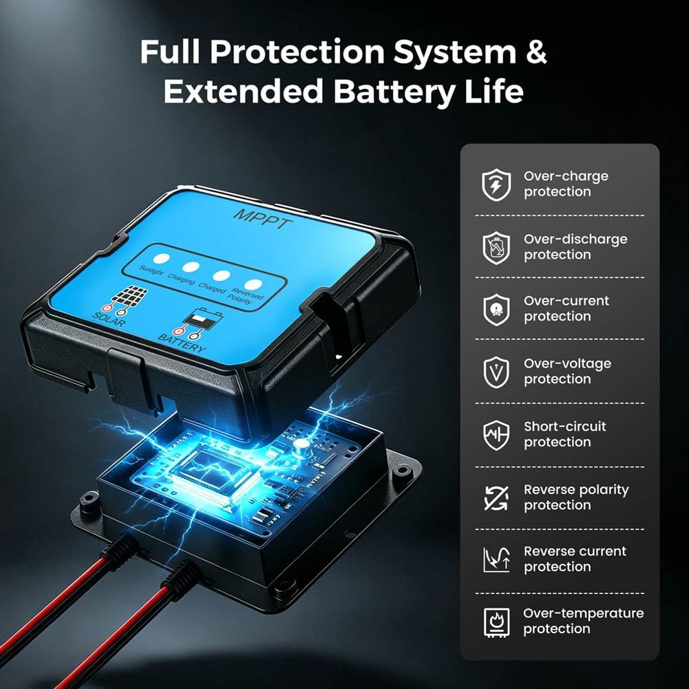 12V 20W Smart MPPT Solar Battery Charger Trickle Maintainer, IP68 Waterproof Solar Panel Kit with Adjustable Mount Bracket, for Cars RVs Boats Motorcycles Trucks image 2