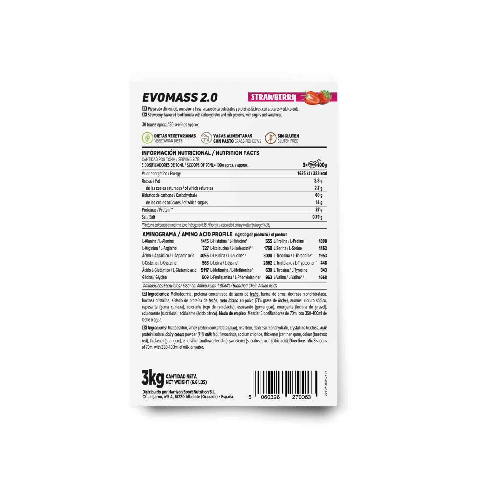 Batido de Carbohidratos y Proteínas Vegetariano de HSN Evomass 2.0 | Sabor Fresa 3 Kg = 30 Tomas por Envase | Whey Protein y Proteína de Leche | Textura Cremosa | No-GMO, Sin Gluten