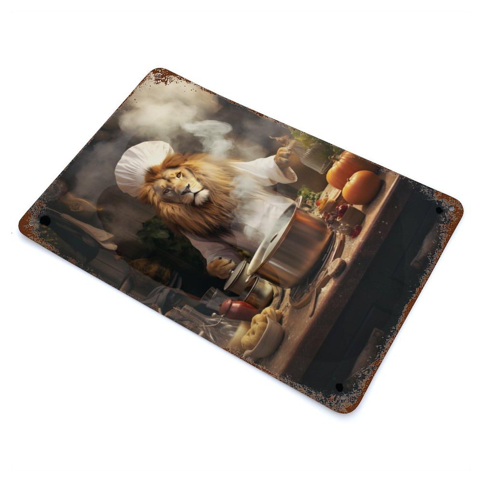 Rust Effect Lion Cooking Kitchen Weathered Tin Sign 11.8"x7.9", Farmhouse Wall Decor for Farmhouse, Kitchen And Entryway Decor