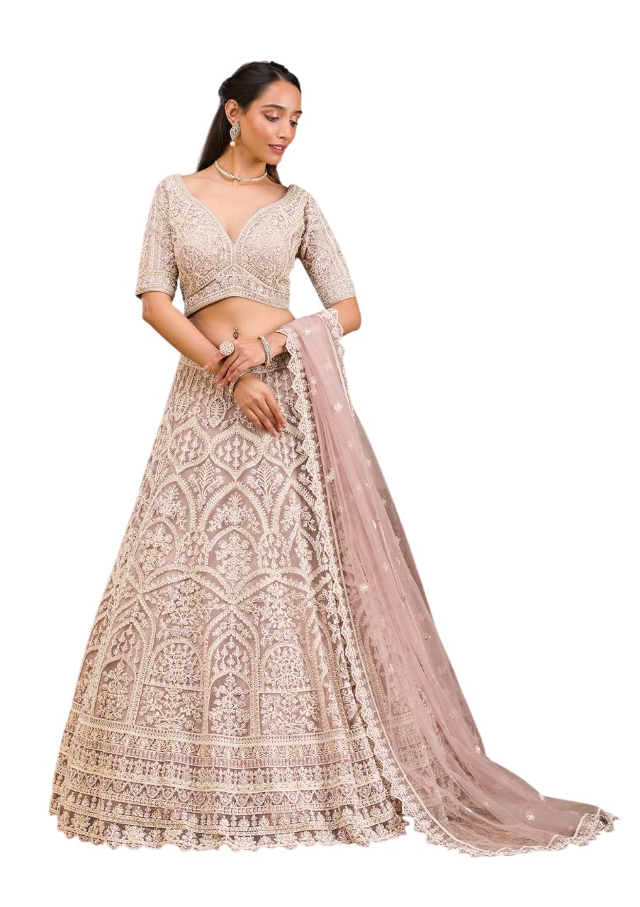 Women's Baby Pink Threadwork Net Readymade Lehenga-image-44