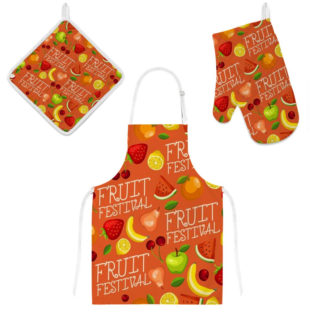 Tablier de cuisine avec gant de four et manique assortie motif fruits colorés