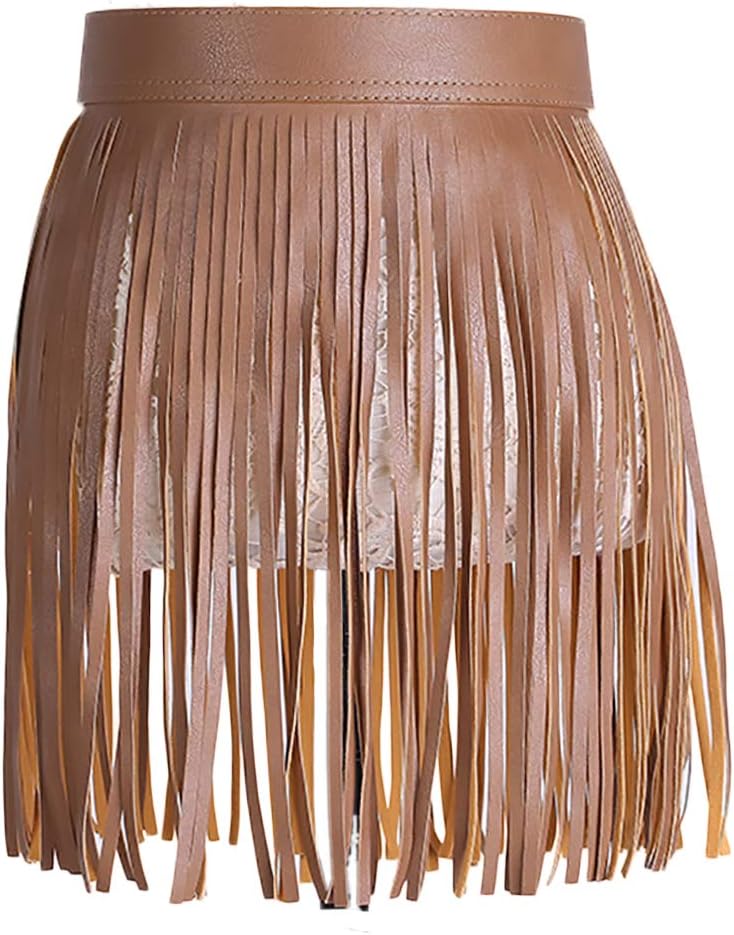 Women Fringe Tassel Skirt Belt Punk PU Leather Vintage Adjustable Waistband Gypsy Style Belt for Pants Party Rocker Dance