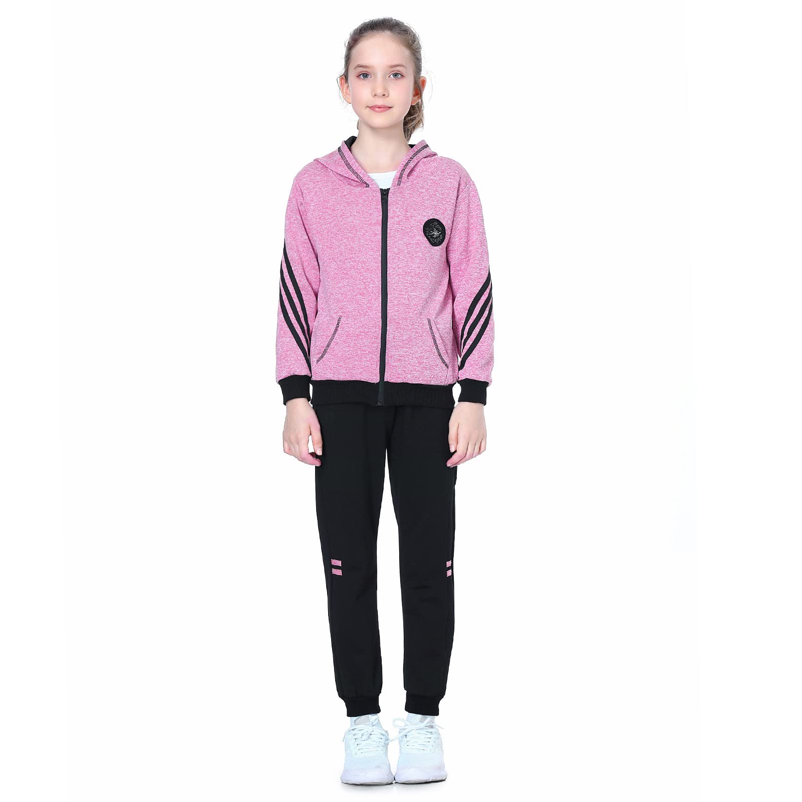 LPATTERN Dziecięcy dziewczęcy bawełniany dres do biegania na co dzień odzież sportowa 2/3 szt. zestaw strojów sportowych (kurtka z kapturem + koszulka z długim rękawem + spodnie lub kurtka z kapturem + spodnie)
