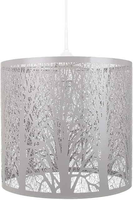 Unique and Beautiful Soft Grey Metal Forest Design Ceiling Pendant Shade When Lit The Light Escapes Through The Gaps and Casts The Forest Against The Walls and Ceiling by Happy Homewares