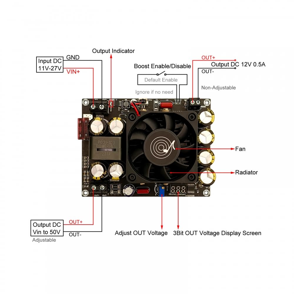 DONGKER ZK-PW500 500W DC-DC Step Up Special Power Supply Module 11 V-27 V auf 11 V-50 V einstellbarer Spannungstransformator Mit Spannungsanzeige