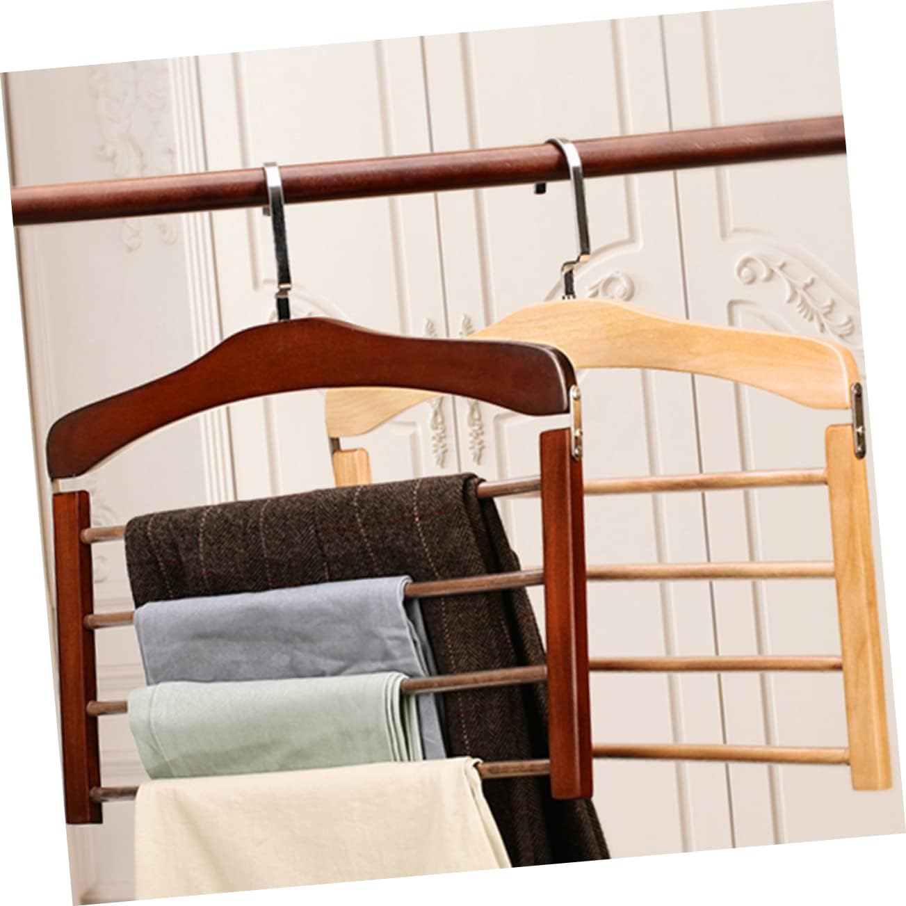 1pc Multifunctional Non-Slip Wooden Pants Drying Hanger Rotatable Hooks Space-Saving Multi Design for Jeans Trousers Scarves and Accessories