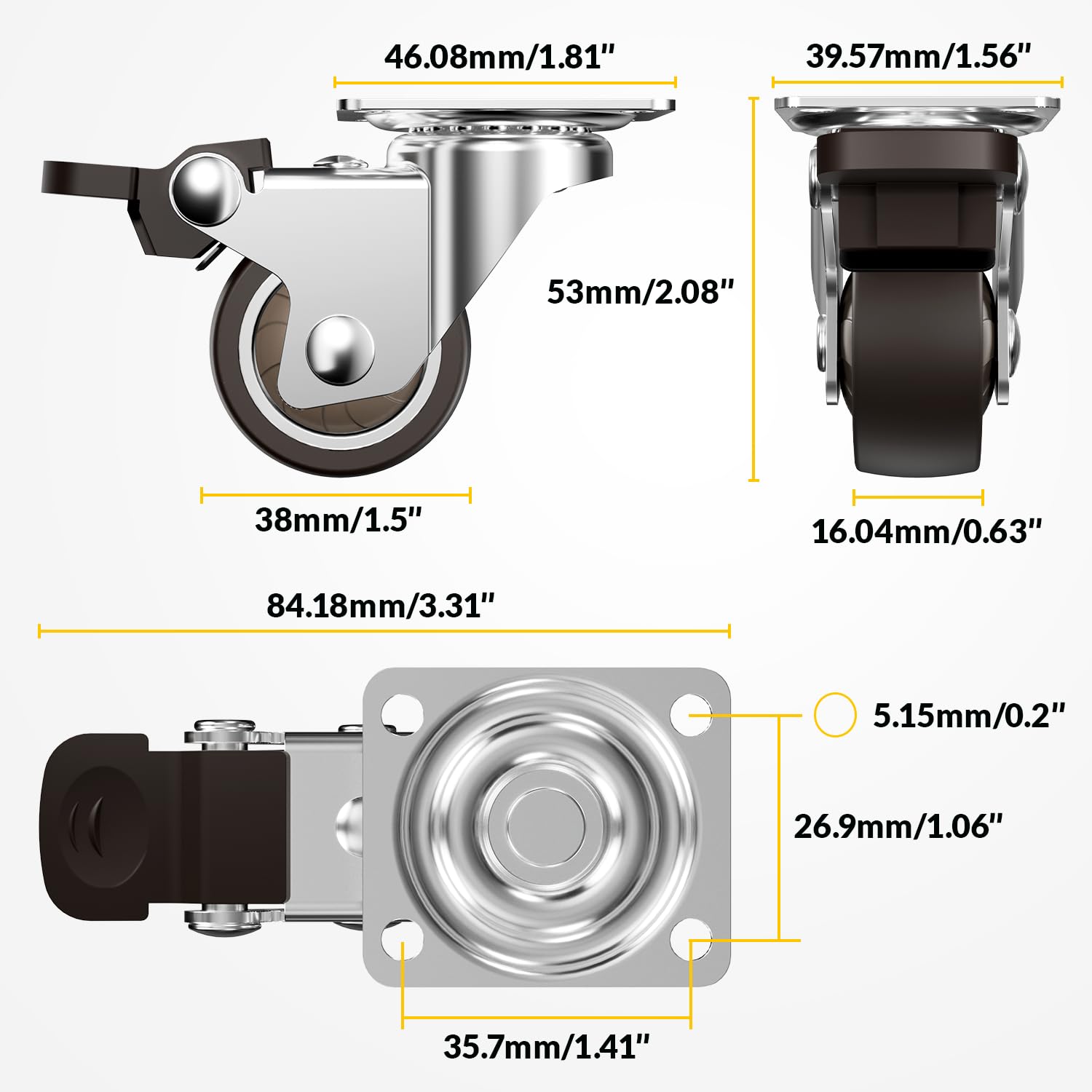 HOLKIE Castor Wheels 38mm Castors for Furniture with Safety Brake Caster Wheels Set of 4 Total Capacity 90KG (2 with Brakes and 2 without) - Image 2