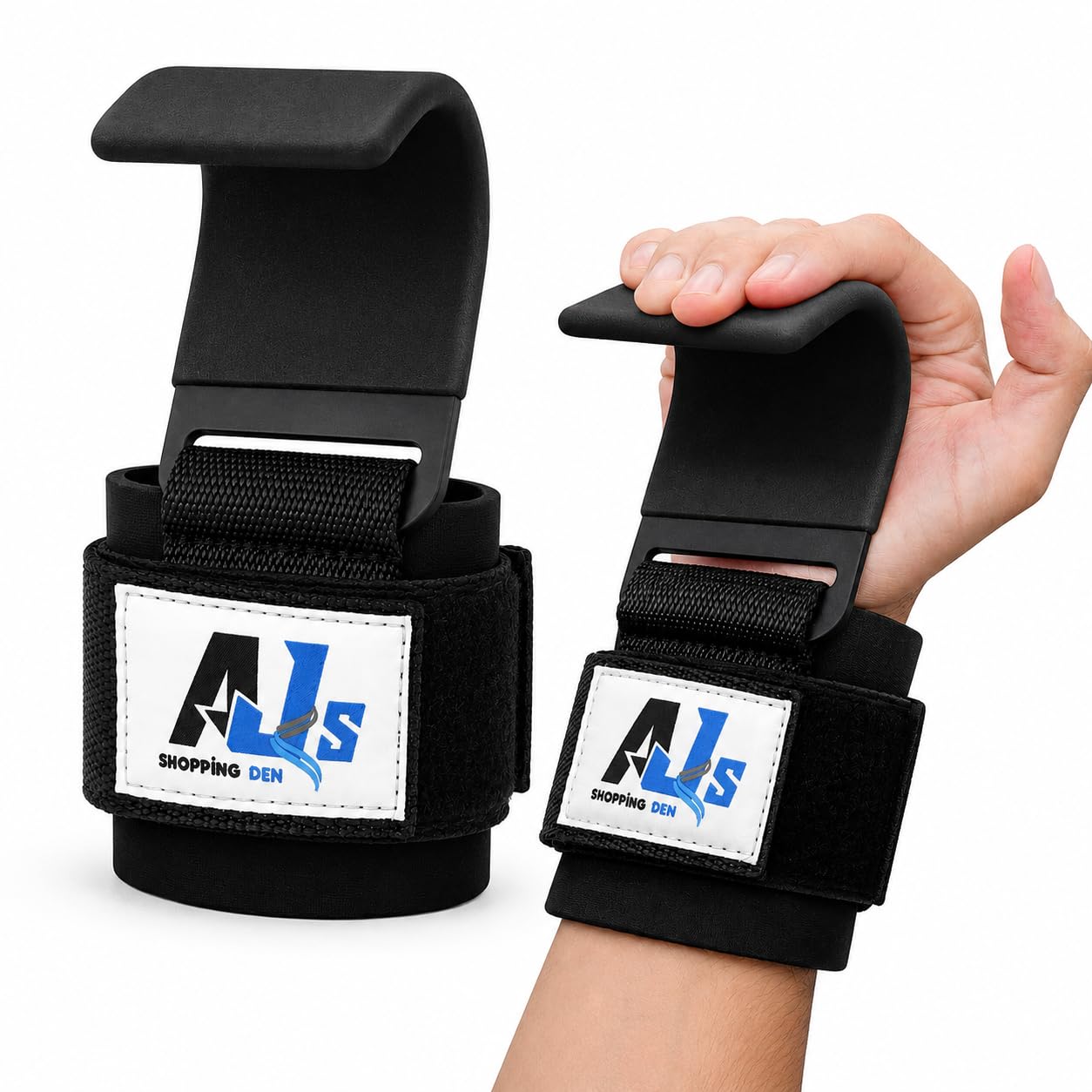AJ's Shopping Den Weight Lifting Hooks (Pair) — Padded Neoprene Wrist Support Straps with Steel Hooks for Deadlifts, Pull Ups, Rows & Shrugs — Adjustable Gym Wrist Wraps for Men & Women — Black