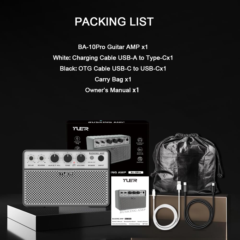 Yuer BA-10Pro 10W Acoustic Guitar Amp, Portable Vocal & Guitar Amplifier with Digital Delay/Reverb Effect Headphone Jack/OTG Wireless Small Guitars Amp for Recording, Practice, Travel with Carry Bag