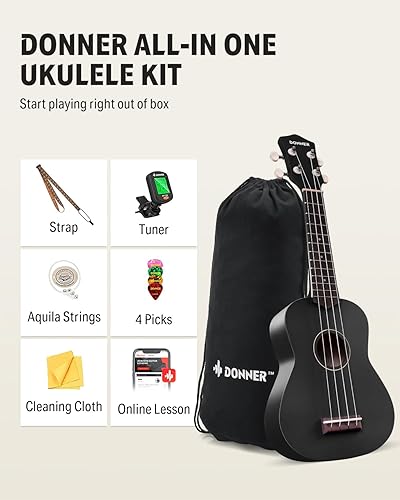 Miniatura 66 de Donner Ukelele soprano para principiantes, ukelele mate de 21 pulgadas, kit para principiantes con correa para bolsa, afinador, cuerdas, púas
