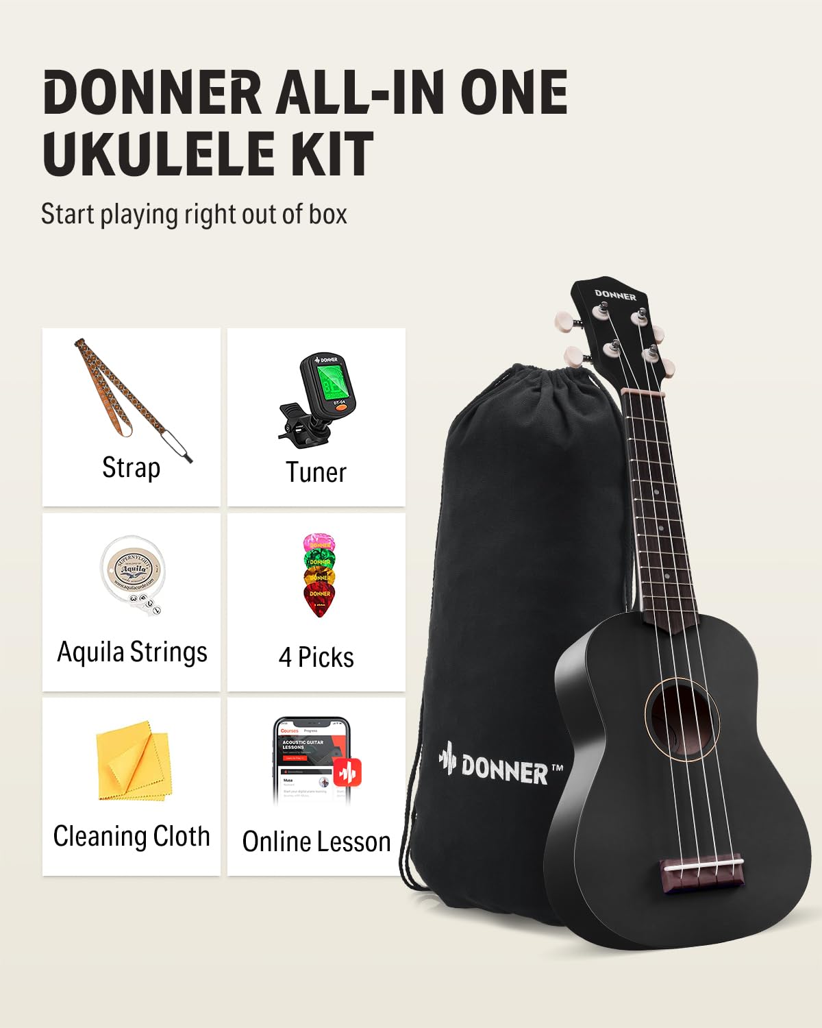 Donner Ukulele soprano per principianti, 53,3 cm, opaco, kit per principianti, con tracolla, accordatore, corde, plettri, panno per lezioni online gratuite, regalo di Natale e compleanno (nero)