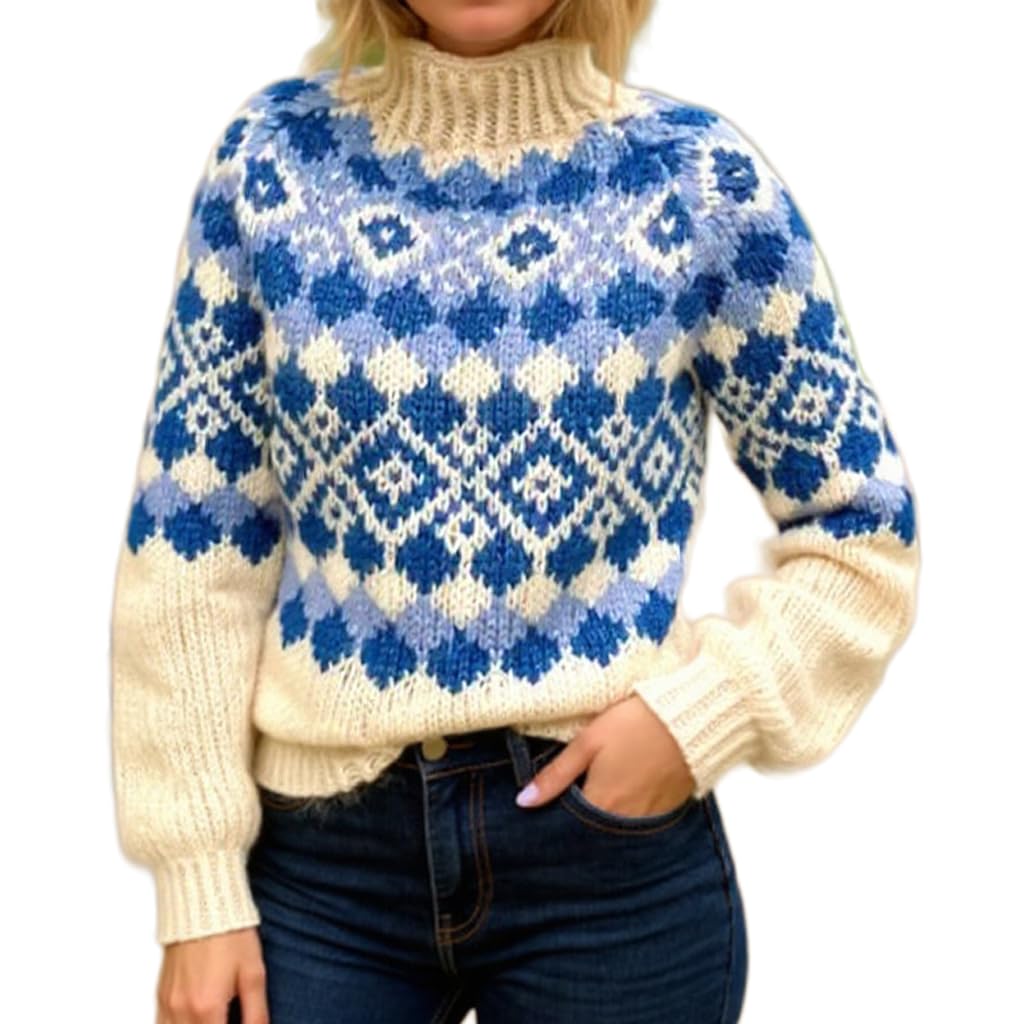 Womens Turtleneck Sweater Fair Isle Knit Ethnic Argyle Long Sleeve Jumper Pullover Sweater Top