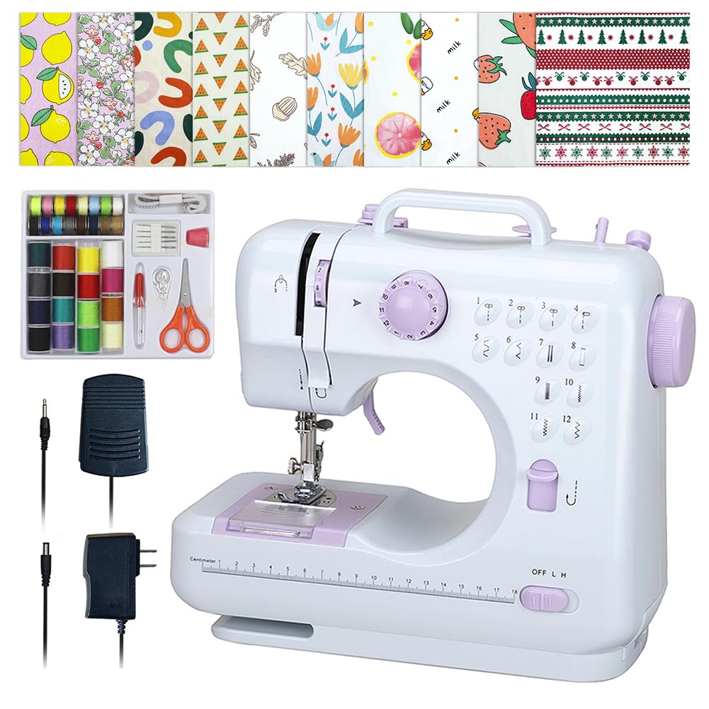 Sewing Machine for Beginners,Portable Sewing Machine with 12 Built-in Stitches,2 Speed(High-Low Speeds),2 Power Supply Method,20 Pcs Fabric and 32 Pcs Sewing Threads Kit,- (White and Purple)