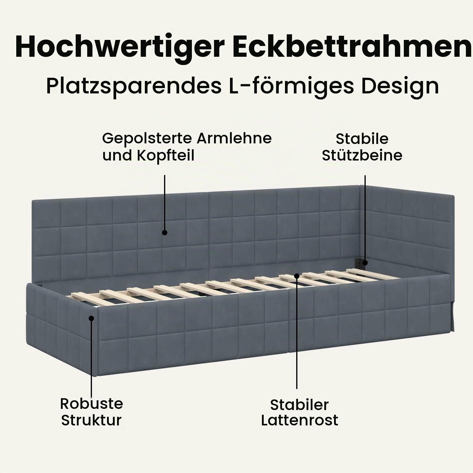 vidaXL Eckbettgestell mit Kopfteil Dunkelgrau 100 cm x 200 cm Samt