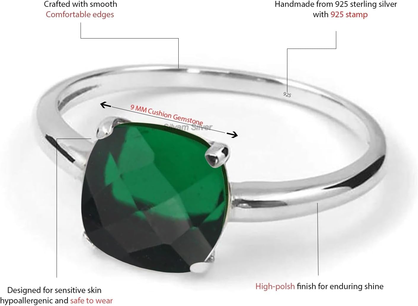 925 Sterling Silver Rings for Women - Cushion Gemstone Ring - Anniversary, Engagement, Wedding Ring - Eye Catching Christmas Gift
