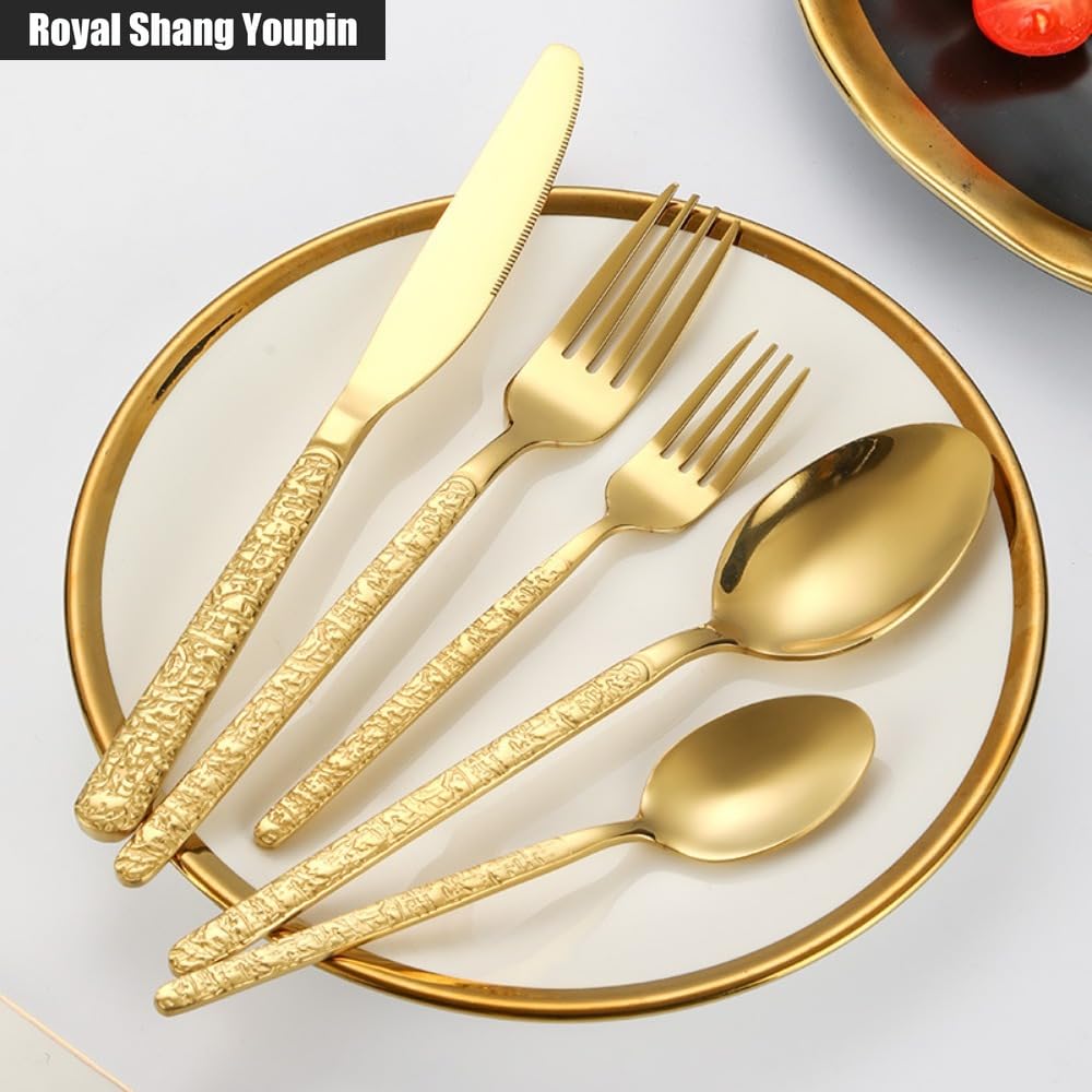 Manico in Rilievo Con Motivo in Pietra Cucina Posate in Acciaio Inossidabile Stoviglie Posate Set Di Posate Coltello Da Bistecca Forchetta Cucchiaio Cucchiaino (Oro rosa,20 pezzi)