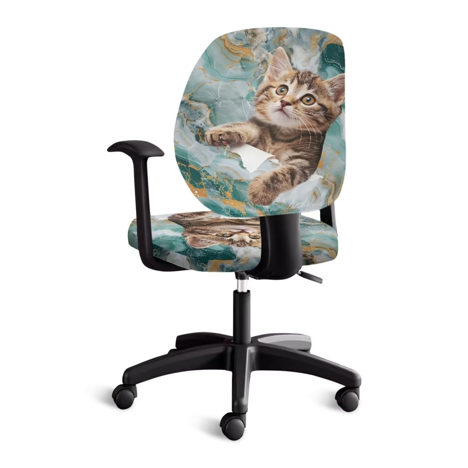 Xoenoiee Cat and Marble Print Office Chair Covers Stretchable Slipcover 2 Pieces Seat Cover with Backrest Cover Protective Decorative Computer Seat Cover - Image 3
