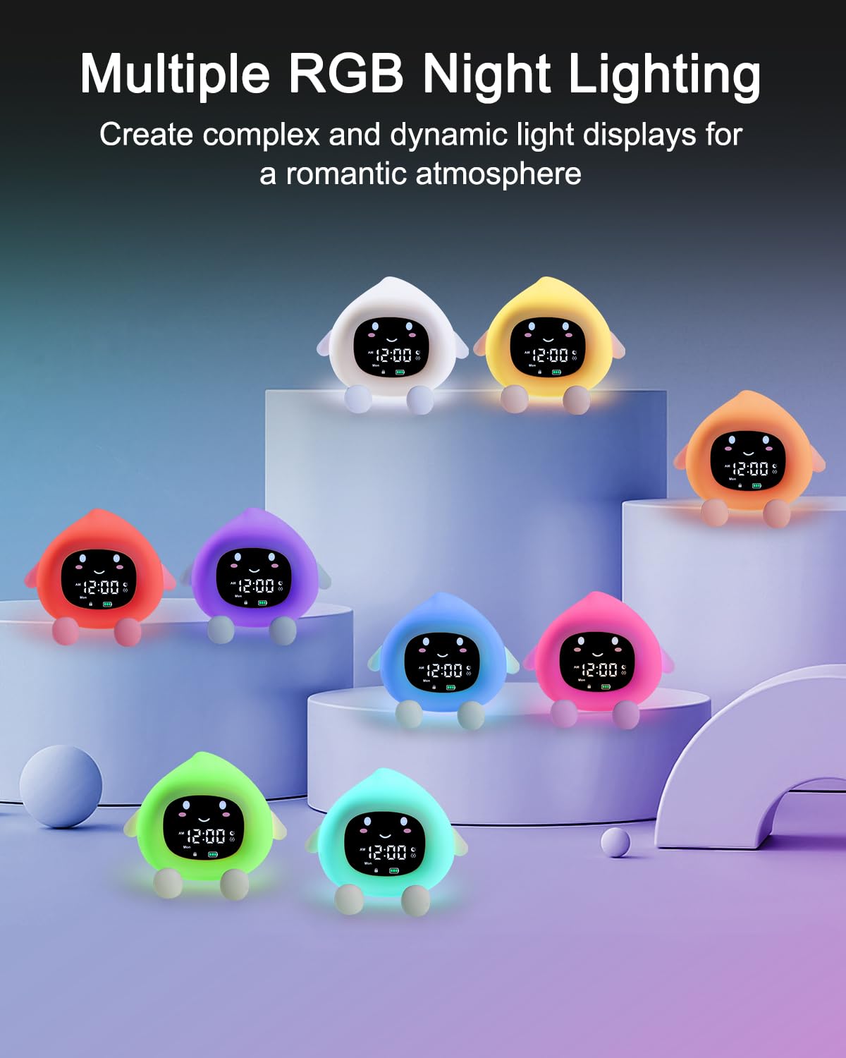 Kinderwecker, Niedlicher Wecker in Pfirsichform für Kinder, Schlaftrainer Kinder mit 9 RGB Farb Nachtlicht, 6 Beruhigende Klänge,Snooze-Funktion, Wake Up Lichtwecker für Mädchen und Jungen