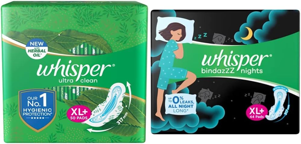 Ultra Clean Sanitary Pads For Women, Xl+ 50 Napkins And Whisper Ultra Night Sanitary Pads For Women, Xl+ 44 Napkins