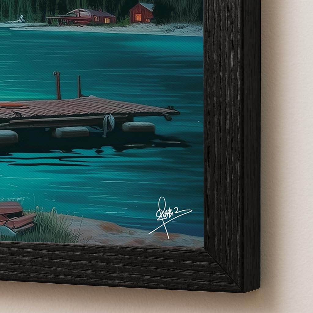 Lakefront Cabin Wall Art – 24x18 Inch Rustic Lake Scene with Vintage Truck & Campfire, Framed Canvas Print (Non-Lighted) for Living Room, Cabin & Farmhouse Home Decor