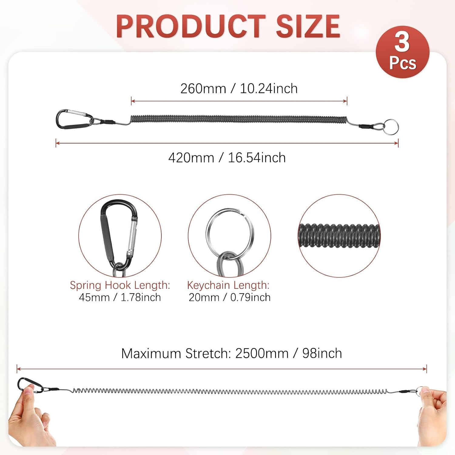 16.54IN Retractable Safety Coiled Lanyard [3PCS] - Steel Wire Fishing Rod Safety Lanyard Use for Pliers Boating image 3