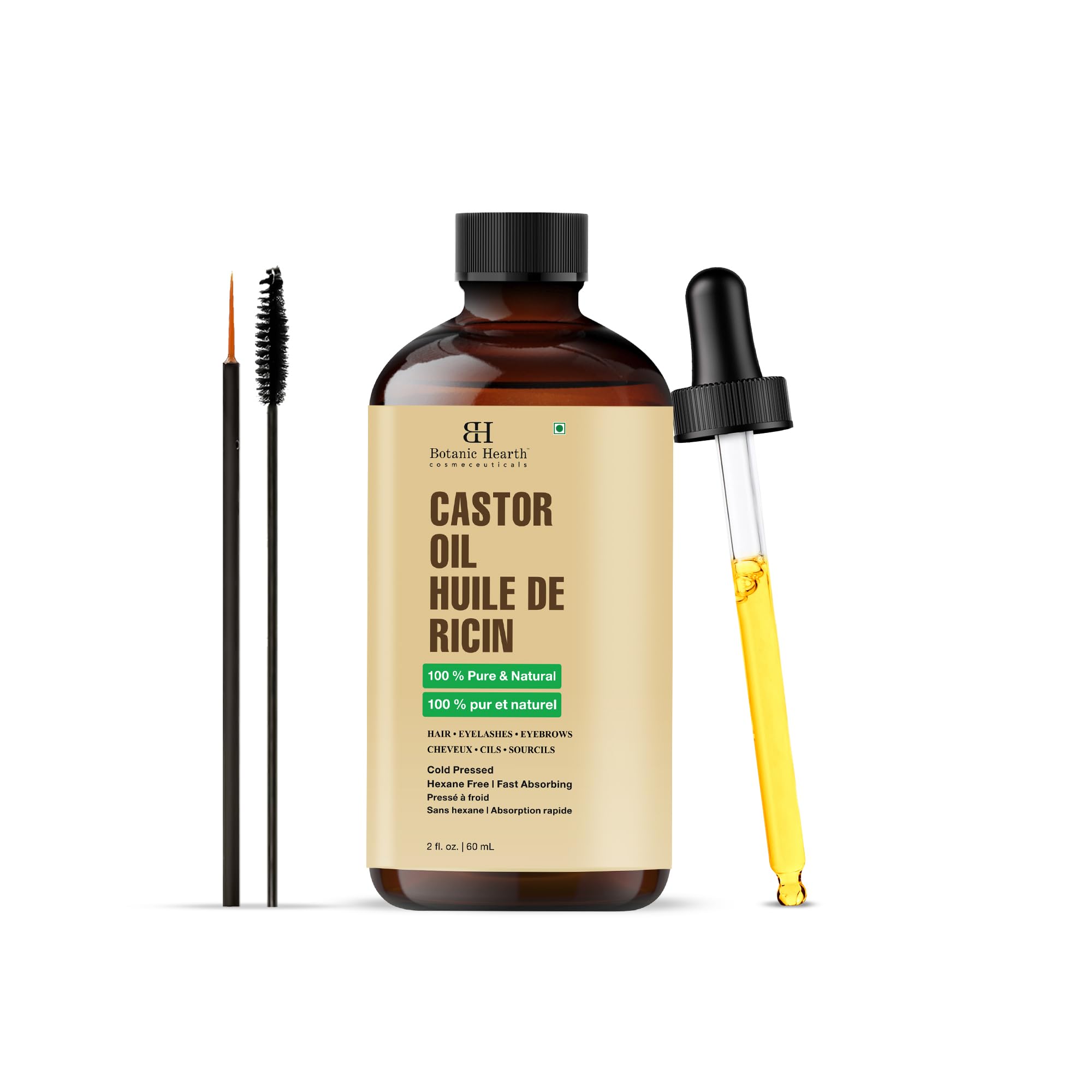 Castor Oil | 100% Pure & Natural, Cold Pressed | 2 Fl Oz (60 Ml) | For Hair, Eyelashes & Eyebrows | Hexane Free, Fast Absorbing | With Applicators & Dropper