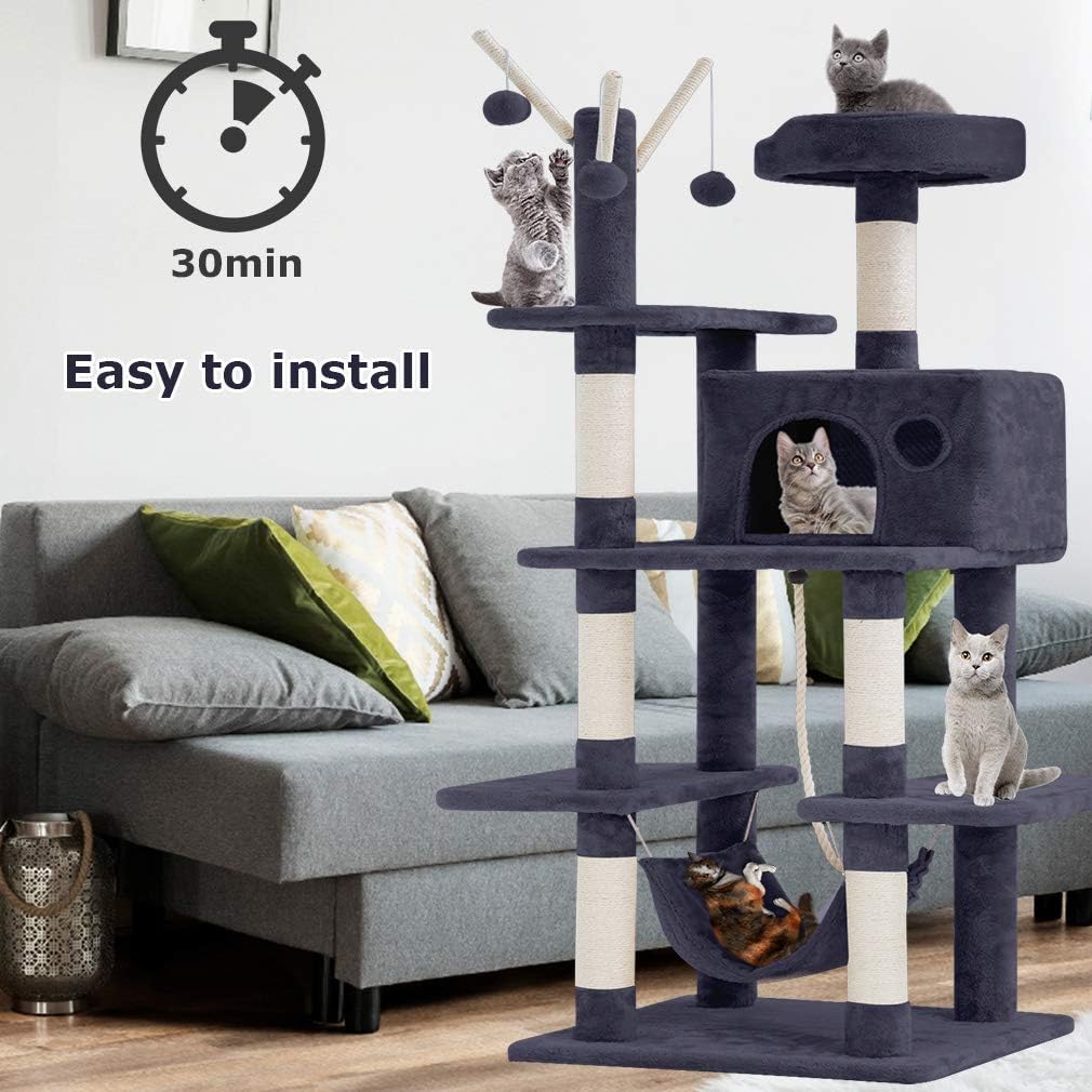 BestPet Cat Tree Tower Condo Playground Cage Kitten Multi-Level 56 inches Activity Center Play House Medium Scratching Post Furniture Plush Perches with Hammock (Grey)