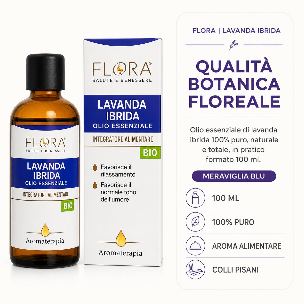 FLORA 100% reines ätherisches Lavendelöl – Nahrungsergänzungsmittel – 100 ml – fördert die Entspannung (Stress und Schlaf) fördert die normale Stimmung Ideal auch in der Aromatherapie