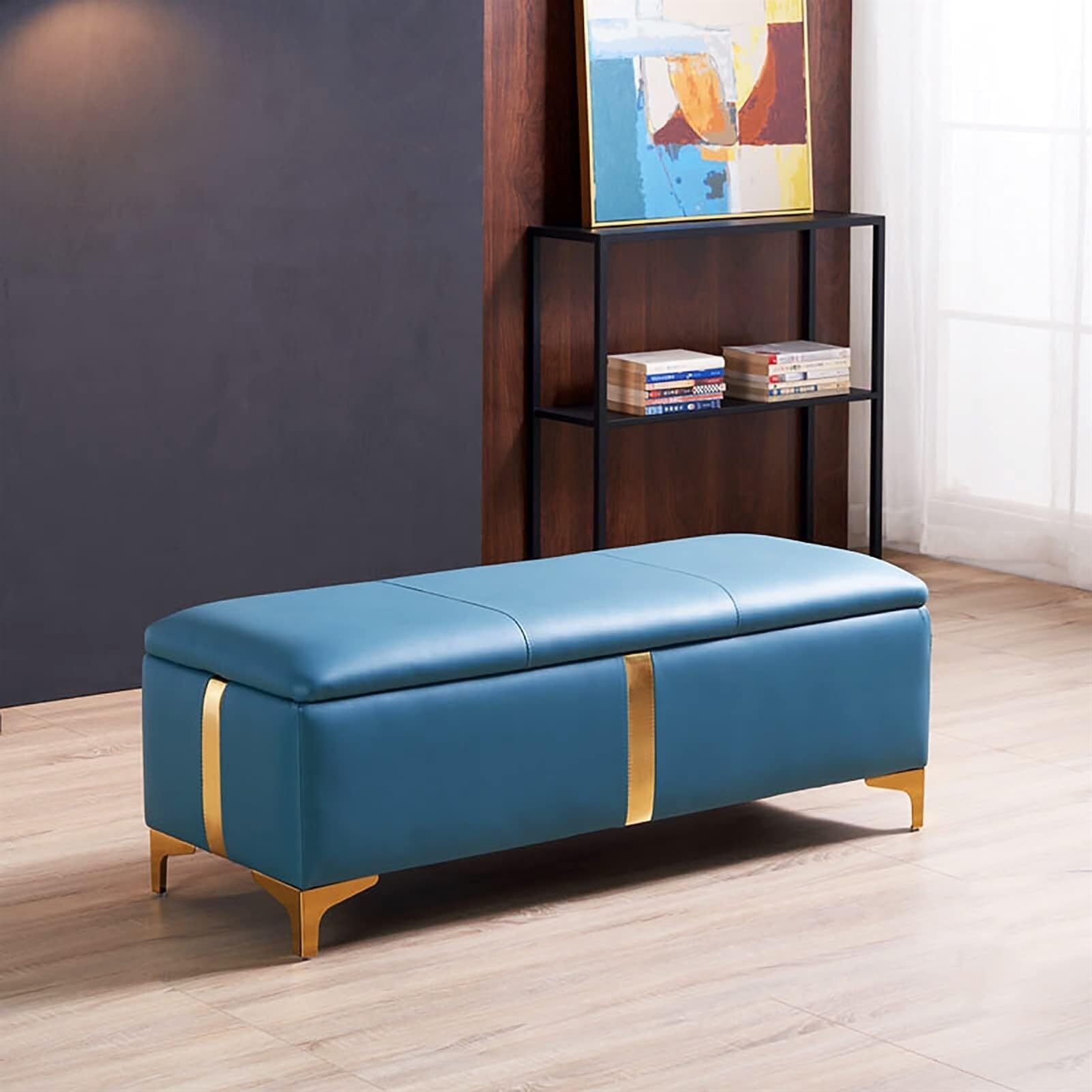 Banco otomano elevable de piel sintética cian de 80x45 cm con arcón de almacenamiento