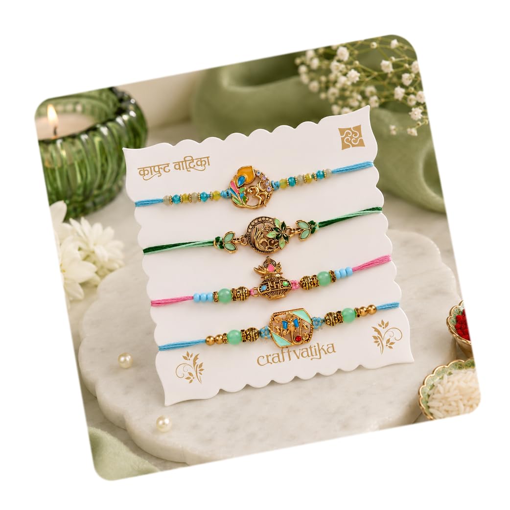 craftvatika Rakhi Set of 4 Rakhi for Brother Boy Men Bhaiya, Ganesha Om Kalash rakhis for Rakshabandhan, Best Wishes Card and Tilakk Set, Traditional Religious Rakhies for Elder Younger Bhai-picture-6