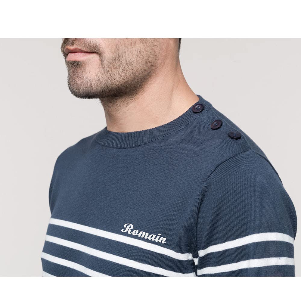Pull Marin personnalisé avec Un prénom, Un Texte, Coupe Homme Style Mariniere en Coton, Maille tricotée, Coupe Moderne pour Un Look Chic et décontracté. du S au 3XL