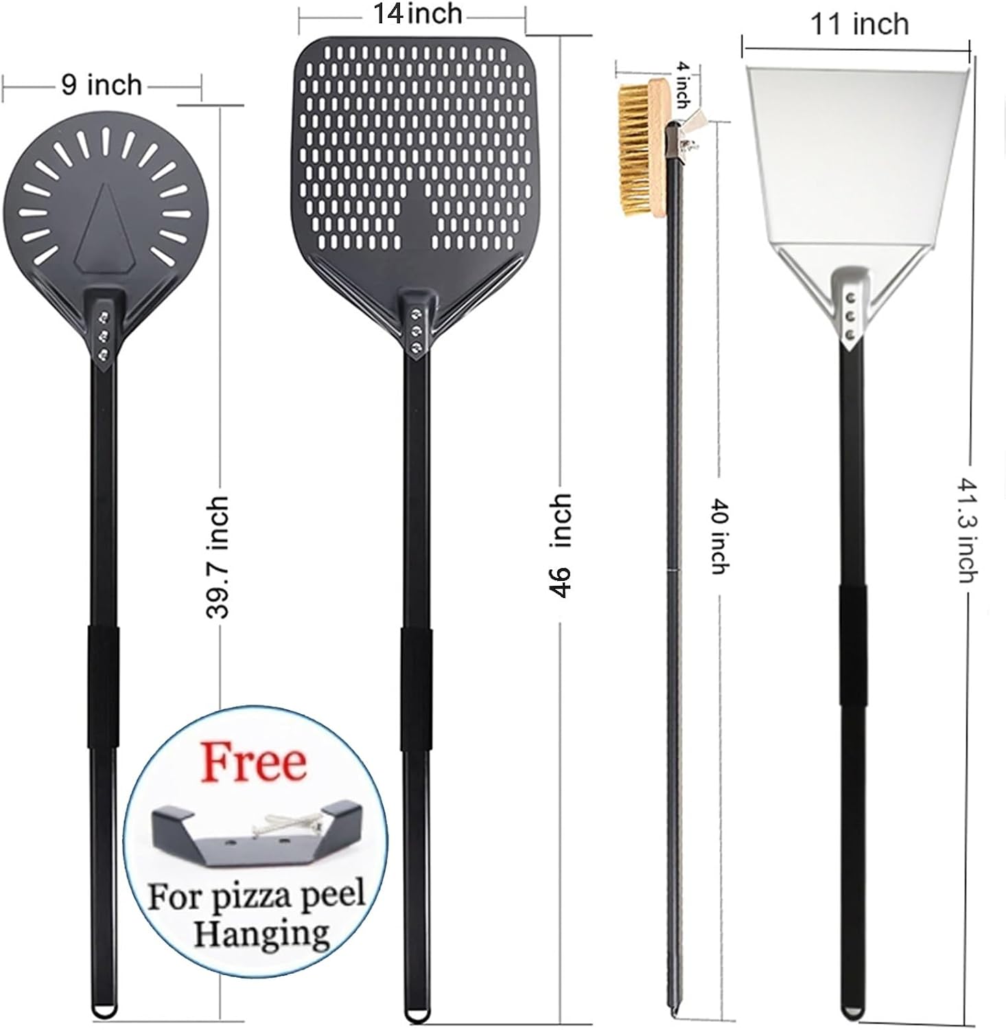 Pizza Oven Tool 4 Pcs Set, 14" Square and 9" Circular Hard Anodized Pizza Peel, 43" with Steel Scraper Clean Copper Brush, 41.3" Stainless Steel Oven Ash Shovel