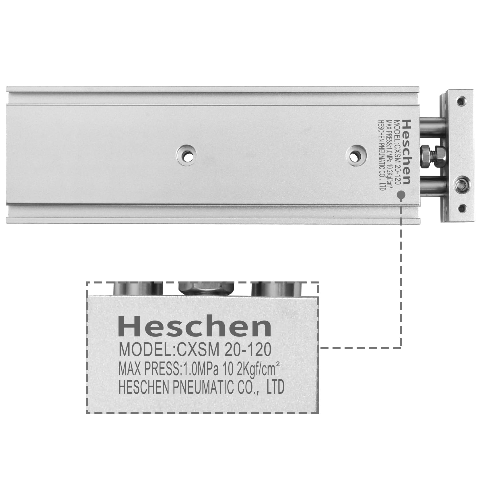 Heschen Cilindro neumático de aluminio doble, CXSM 20-120, Guía Varilla Placa Varilla doble Guiado Neumático, rodamiento deslizante amortiguado, Diámetro de 20mm, carrera de 120mm, doble acción