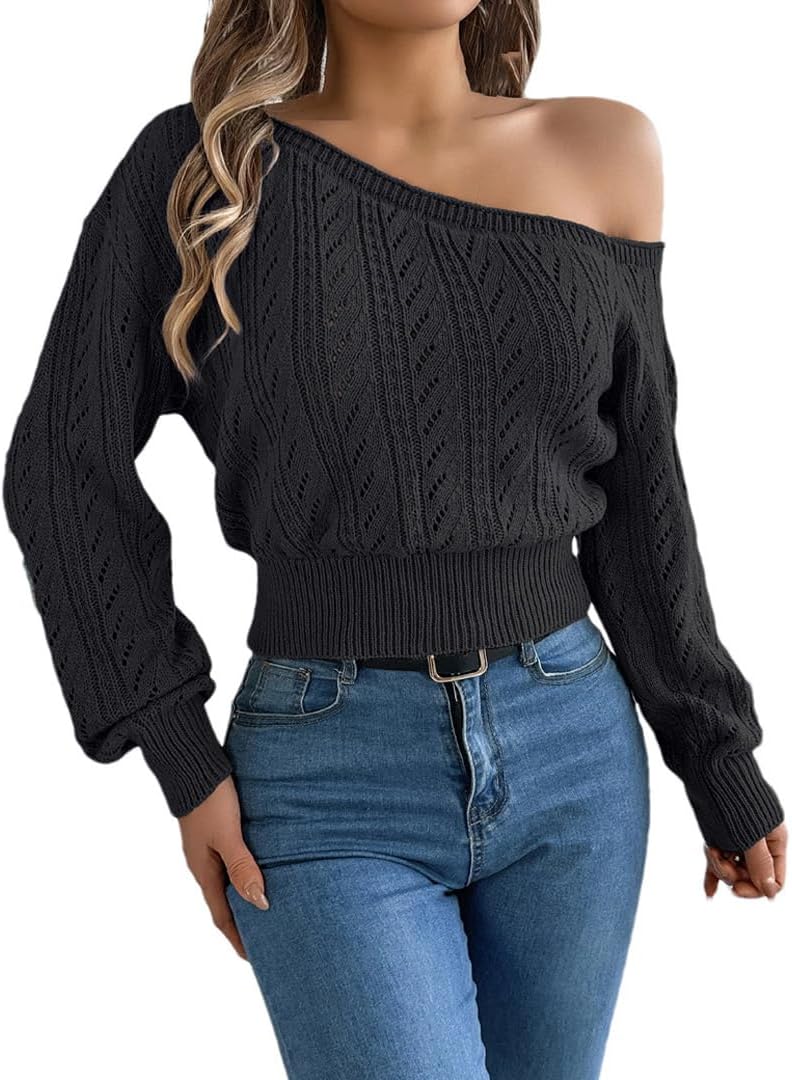 Kelsiop Women's Winter Casual Elegant Slash Neck Off Shoulder Long Sleeve Knit Pullover Sweater for Women