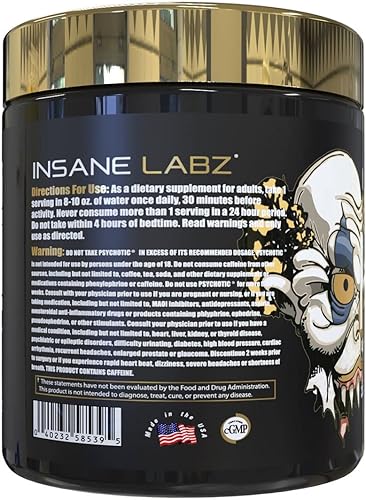 Miniatura 37 de Insane Labz Psychotic Gold - Polvo estimulante para pre entrenamiento, energía extrema, concentración, levantamiento de pesas y resistencia con beta