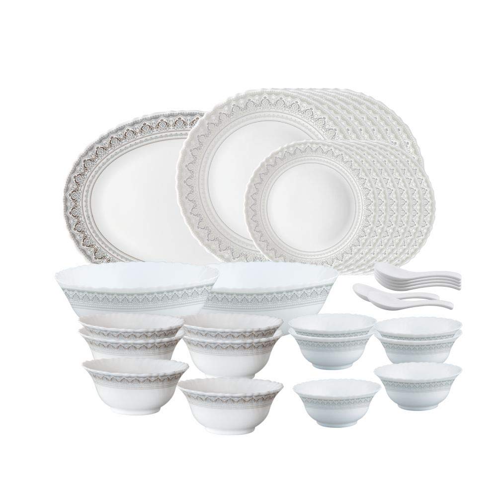 Larah by Borosil Classic Opalware Dinner Set, 33-Pieces, White