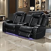 Vista 22 de Juego de Sofá Reclinable Eléctrico, Sofá Seccional de Cuero Negro de 3 Piezas, Juegos de Muebles de Sala de Estar con Luz LED, Juegos Reclinables