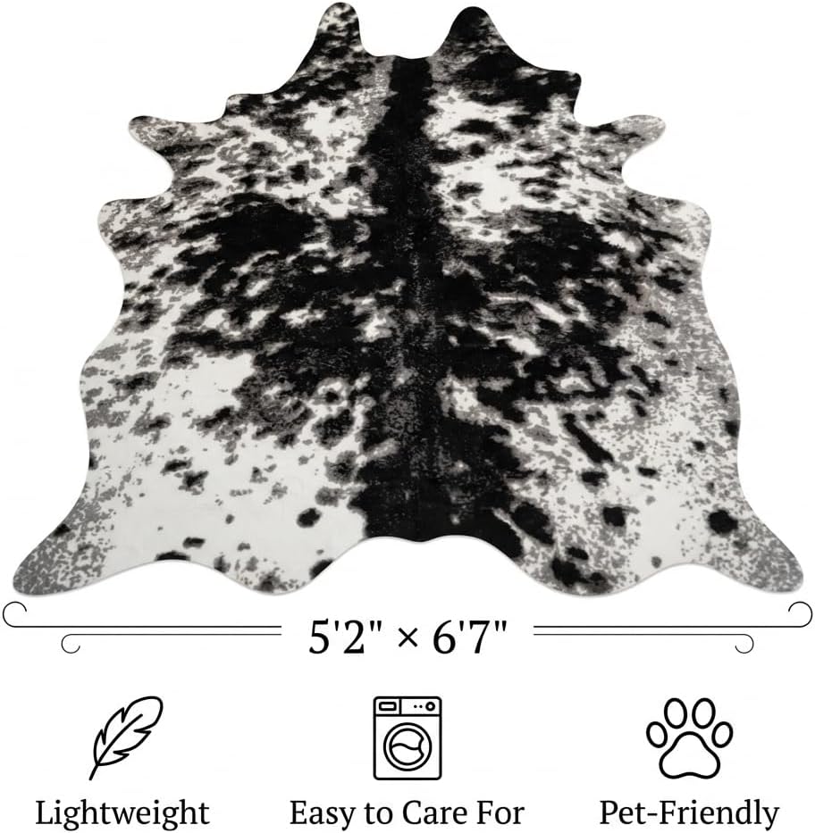 MustMat Faux Cowhide Rug Cow Print Rug Western Cowhide Area Rugs for Living Room (Black and White, 5.2ft x 6.6ft)
