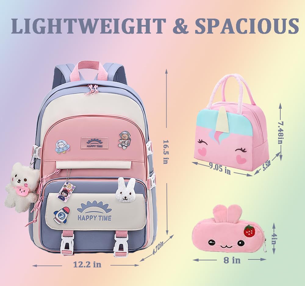 3pcs Girls Backpack, Kawaii School Backpack For Kids Children With Lunch Bag and Pencil Case (rabbit-blue) - Image 5