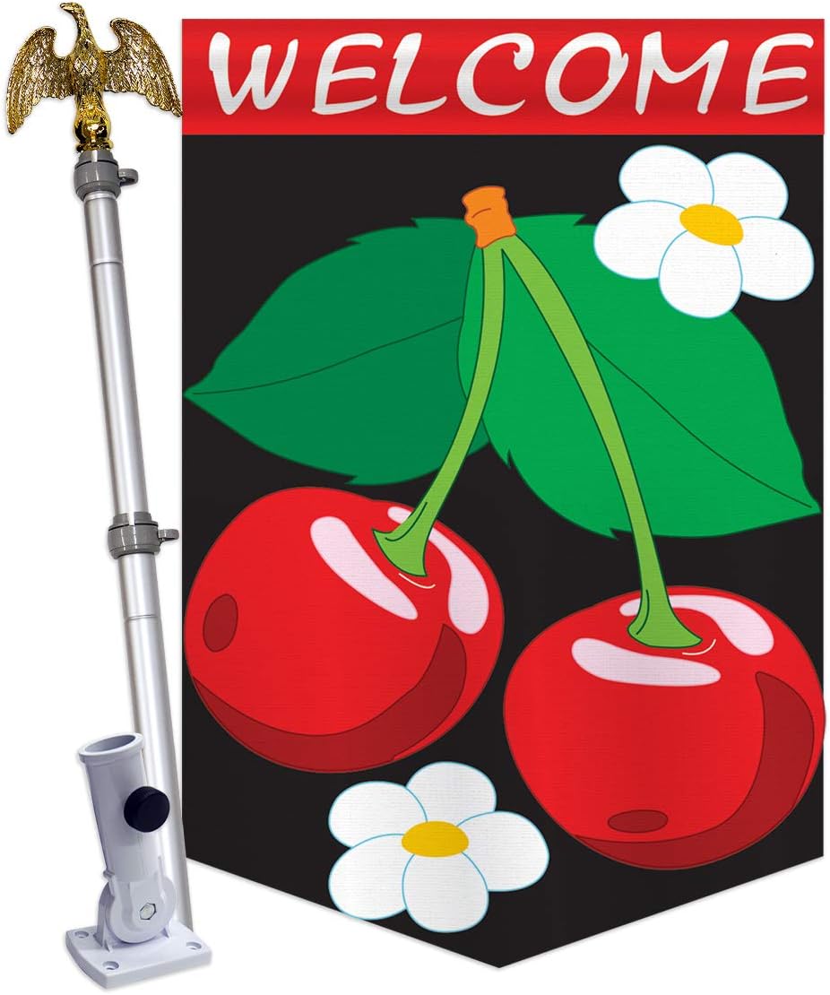 Two Group HS117018-P2-02 Welcome Cherries Flag Food Fruits Applique Decorative Vertical 28" x 44" Double Sided House Set Aluminum Pole & Bracket Hardware