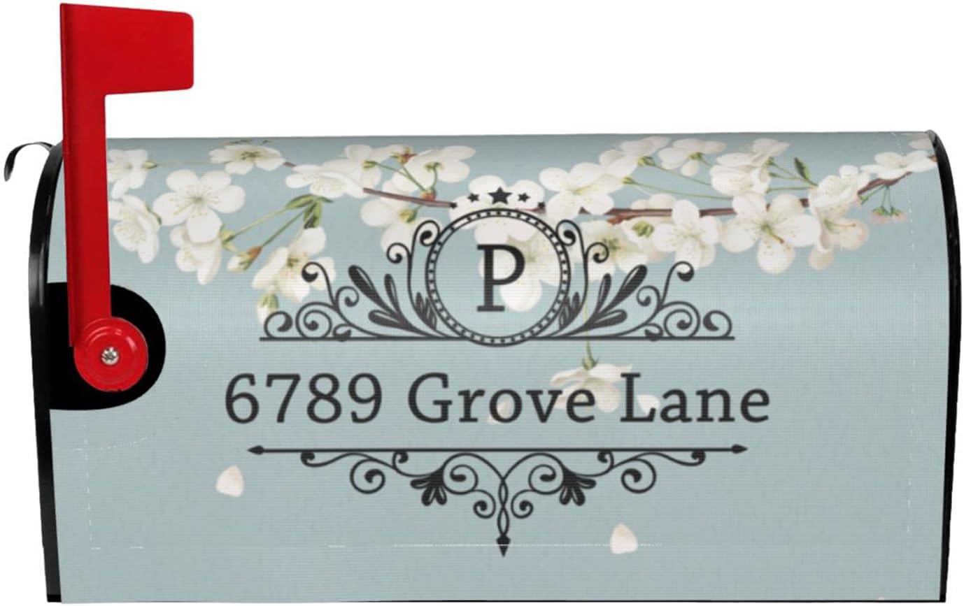 Elegant Spring Pear Blossom Personalized Farmhouse Address Mailbox Covers Magnetic Wedding Gifts Post Letter Box Covers Mailbox Wraps for Outside Garden Yard Courtyard Decor