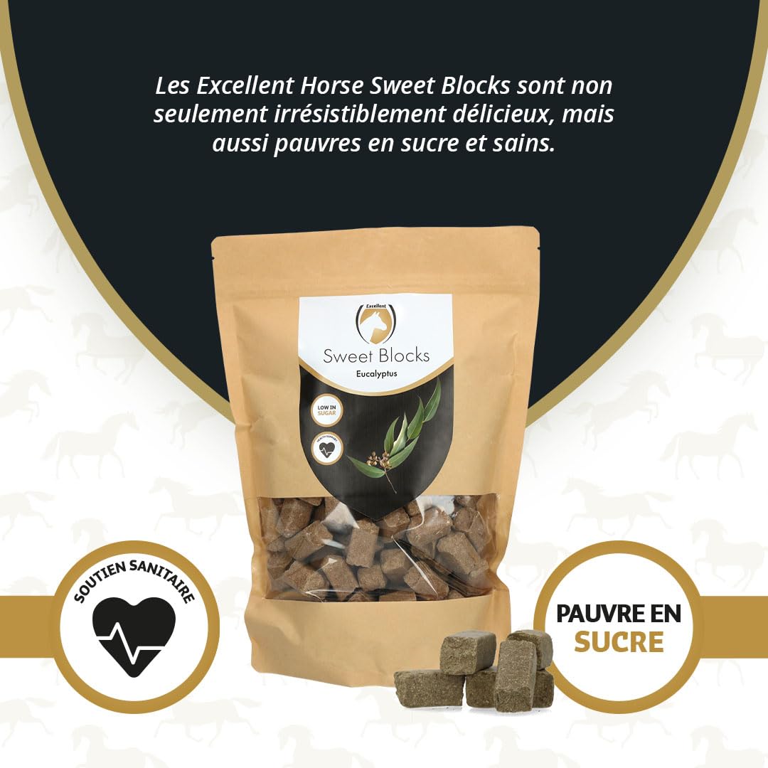 Excellent Horse Sweet Eucalypta Blocks – Bonbons pour chevaux – Sans sucre – Saveur eucalyptus – Morceaux – Récompense – 1 kg