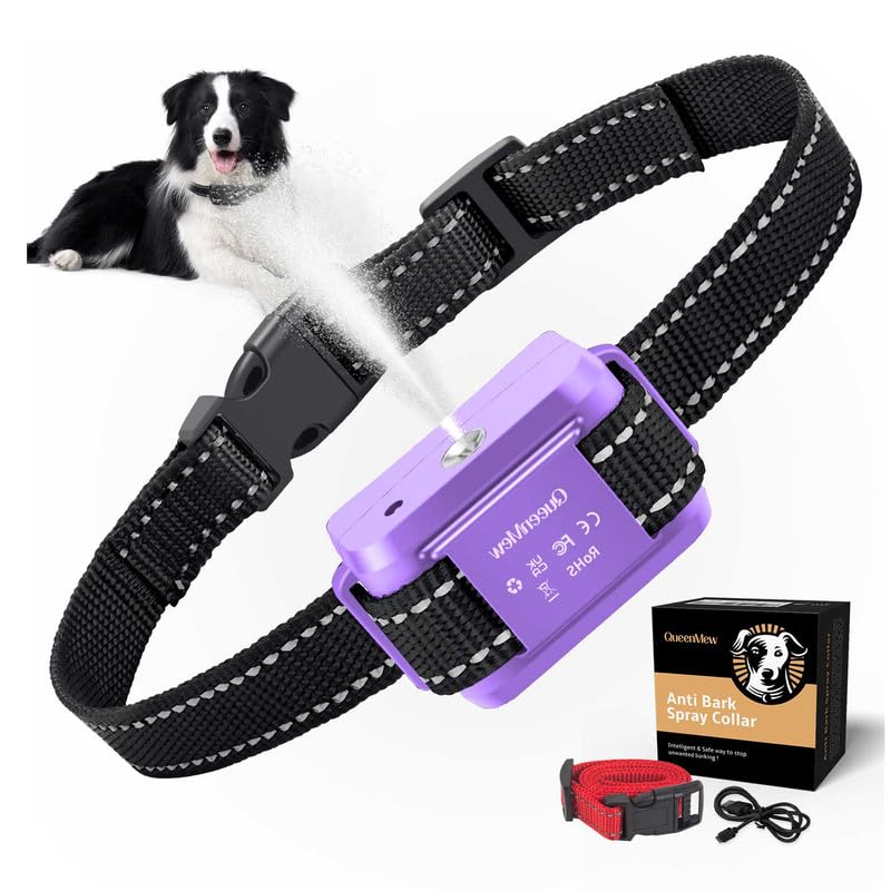 Queenmew Collar Antiladridos, antiladridos para Perros, Dispositivo antiladridos, Collar Automático de Spray Anti-ladridos Recargables y Seguros Sensibilidad y Volumen Ajustables