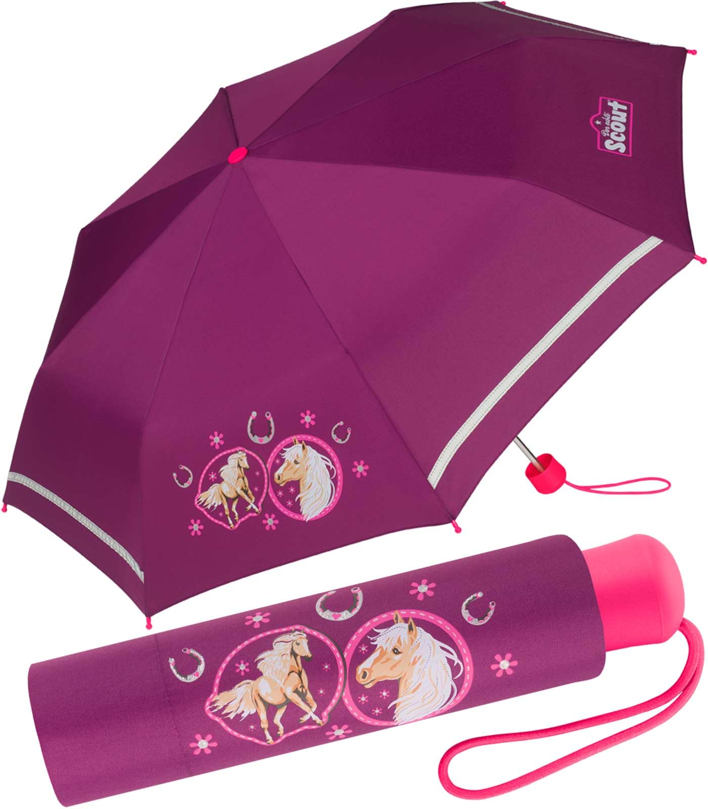 Scout Kinder-Taschenschirm mit reflektierendem Streifen Pink Horse, 90 cm
