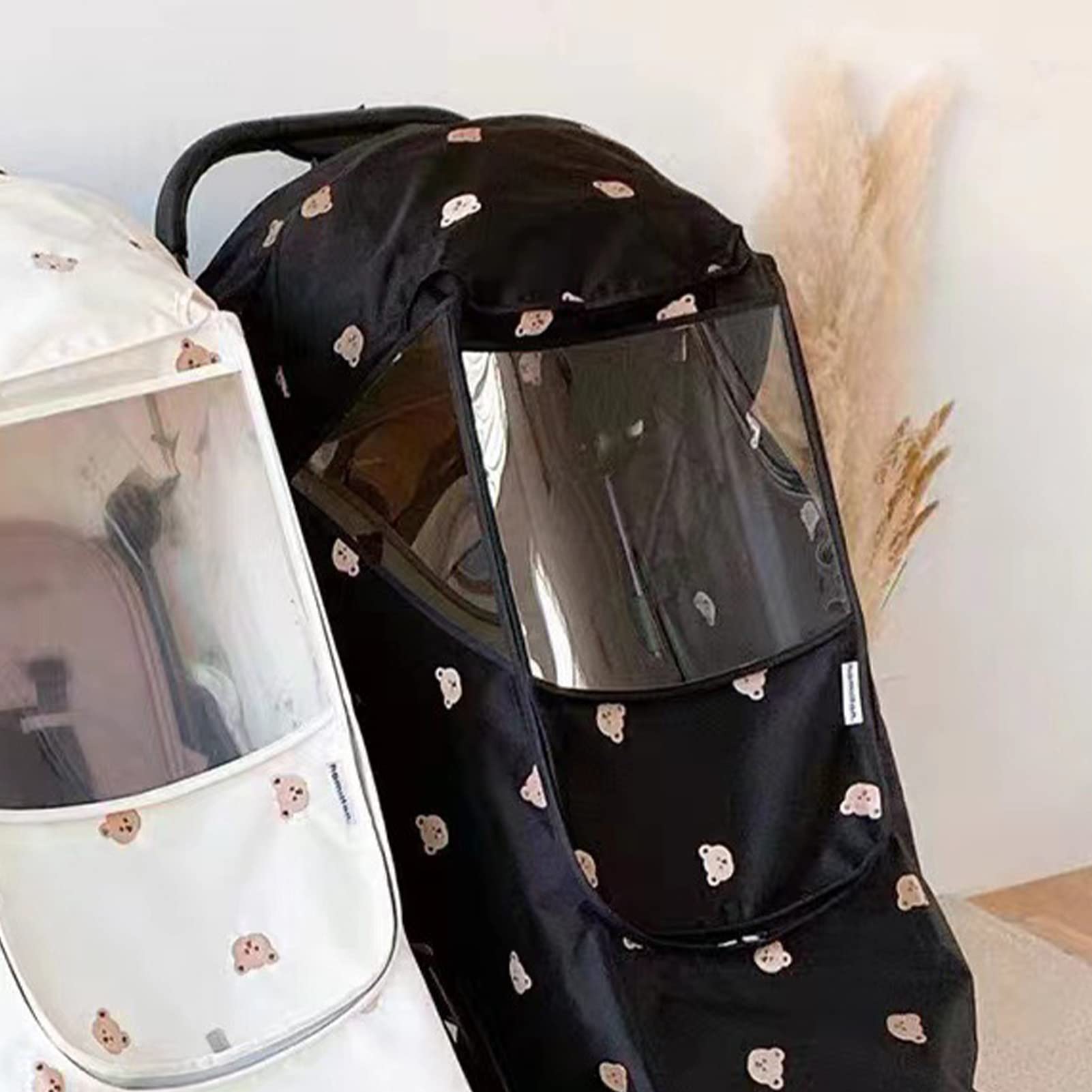 Cryfokt Winddichter Kinderwagen-Regenschutz, Niedliches Bärenmuster, Wasserdicht für Reisen, Outdoor-Aktivitäten, Oxford-Stoff (BLACK)
