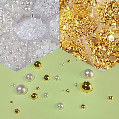 Miniatura 2 de findTop 6200 piezas de perlas planas doradas y blancas para manualidades, uñas y arte de bricolaje. Diamantes de imitación de resina ABS con pinzas,