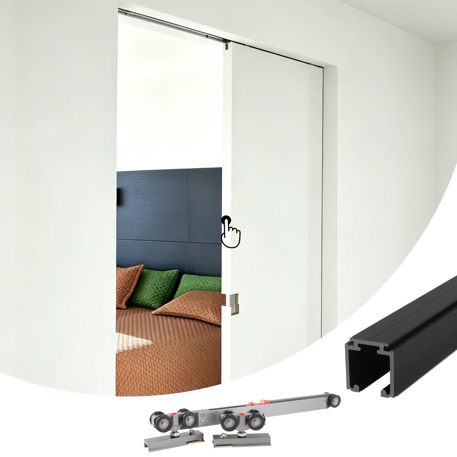 7 10 13ft Concealed Sliding Barn Door Track, Press Open Pocket Door Aluminum Hardware Track Kit, Indoor Silent Closet Glide Rail for Wooden Door(Black,8.2 ft/250 cm)