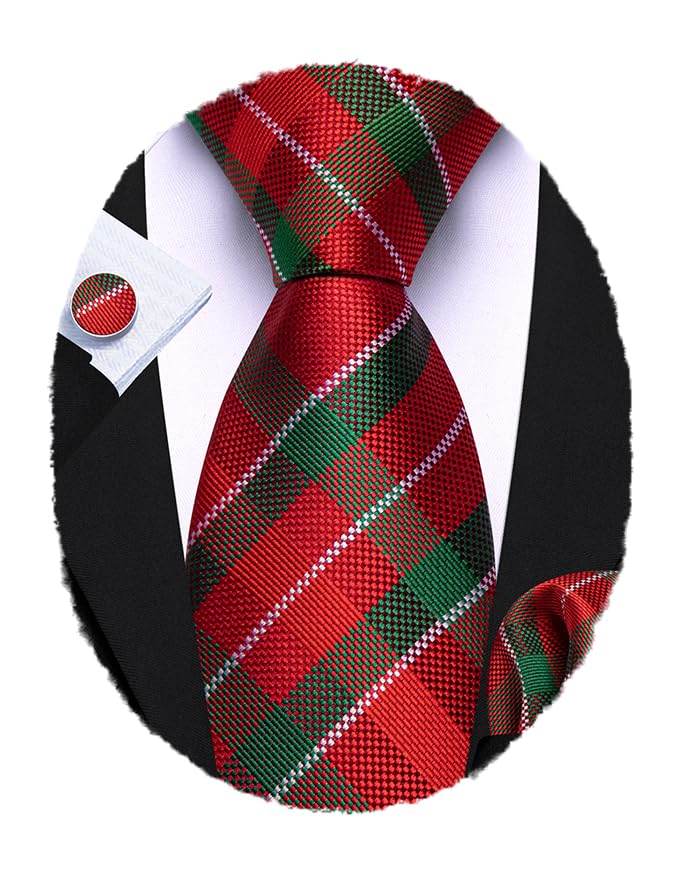 Image of Barry.Wang Plaid Ties Check Mens Necktie Set with Handkerchief Cufflinks Classic Stripe