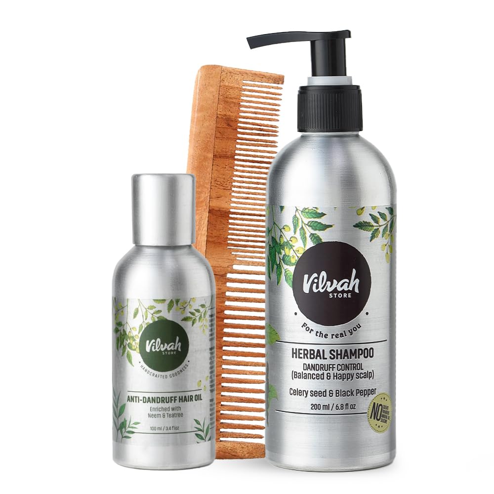 Vilvah Store Combo, Herbal shampoo (Dandruff Control) + Anti-Dandruff Hair Oil + Neem Wood Comb, 300ml