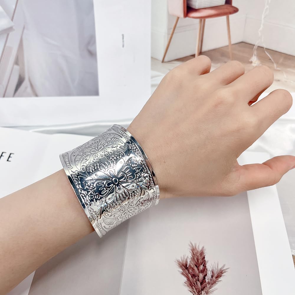 OIDIMS Bohemian Flower Cuff Bracelet for Women Vintage Gypsy Wide Bangle Open Wrap Wrist Jewelry Exaggerated Statement Arm Cuff Boho Punk Jewelry for Best Friend - Image 3